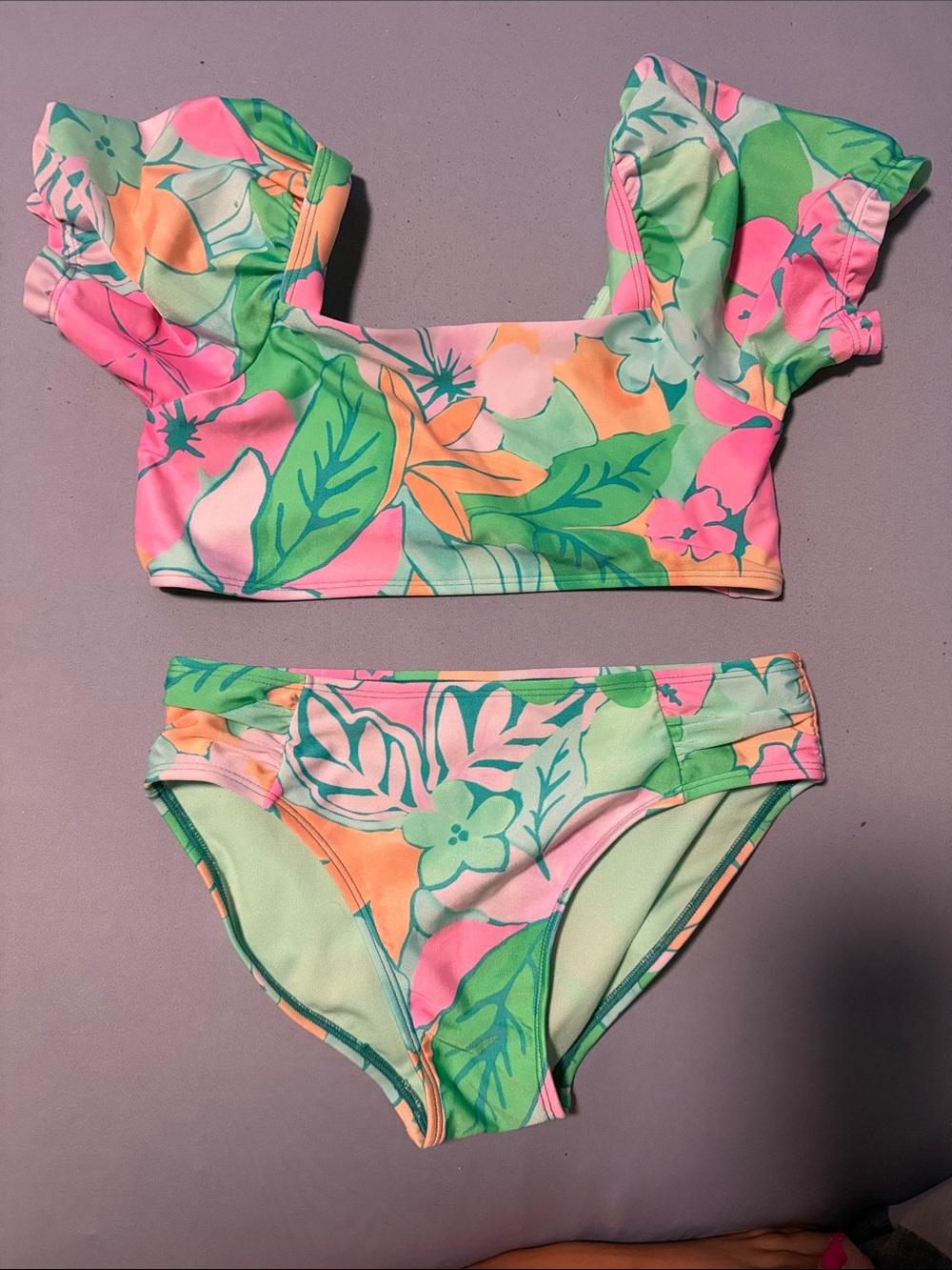 Cat & Jack Tropical Floral Ruffle-Sleeve Bikini - Pink, Green & Peach